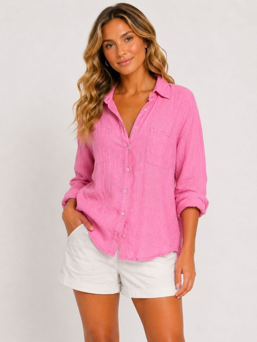 Lilly Pulitzer Pink Linen Oversized Button-Up Long-Sleeve Shirt XL Womens